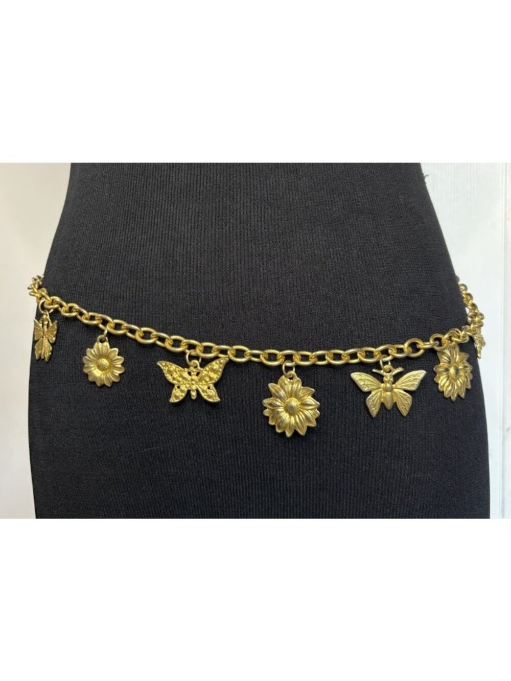 Gold Tone Charm Dangle Chain Belt Butterfly Flower Adjustable Fairy Cottagecore